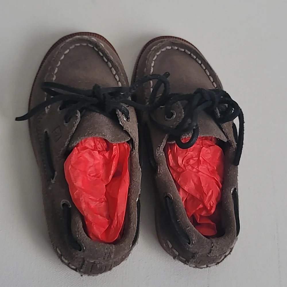 Sperry Grey Brown Leather Loafers Boys Sz 8